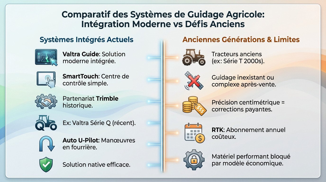 Comparatif visuel entre le guidage intégré Valtra SmartTouch moderne et les défis d'équipement sur les anciens tracteurs agricoles