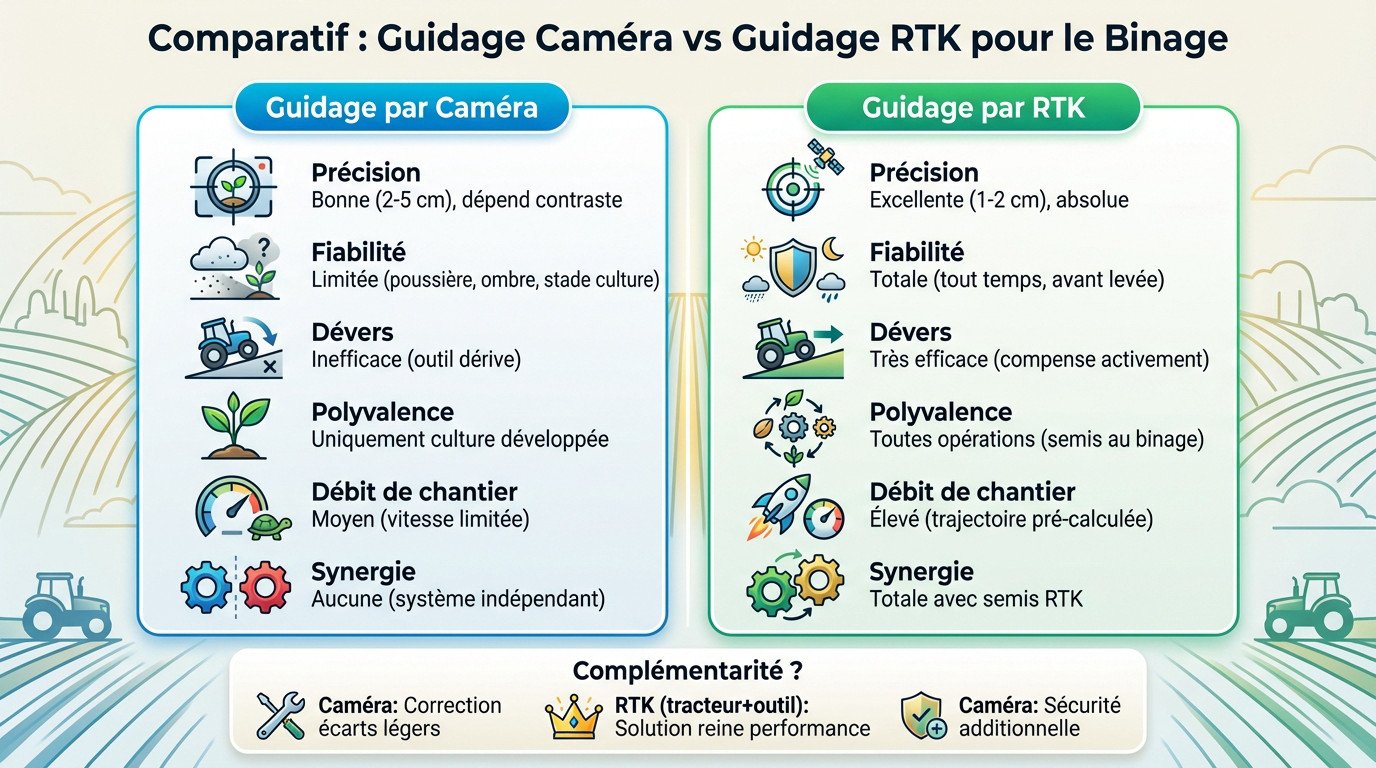Tableau comparatif des performances entre guidage caméra et guidage RTK pour le binage agricole