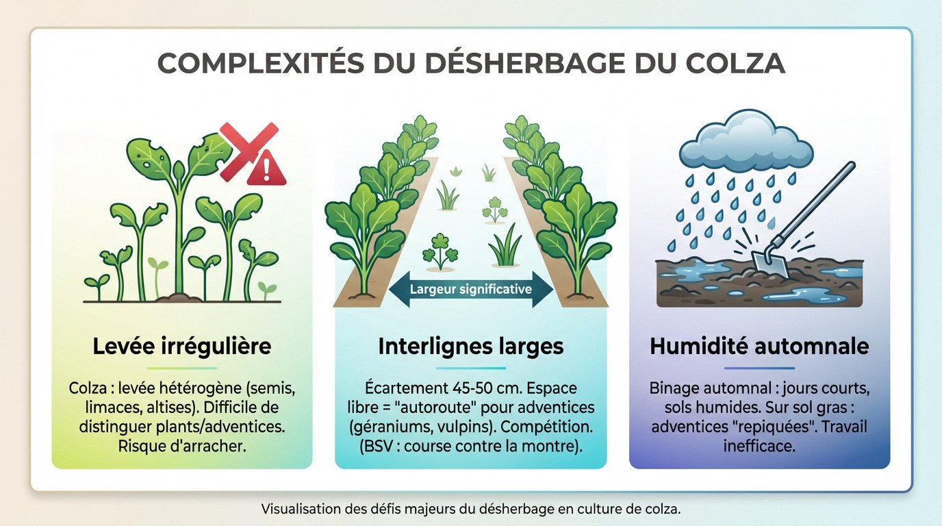 Agriculteur inspectant une parcelle de colza avec une levée irrégulière et des adventices dans l'inter-rang
