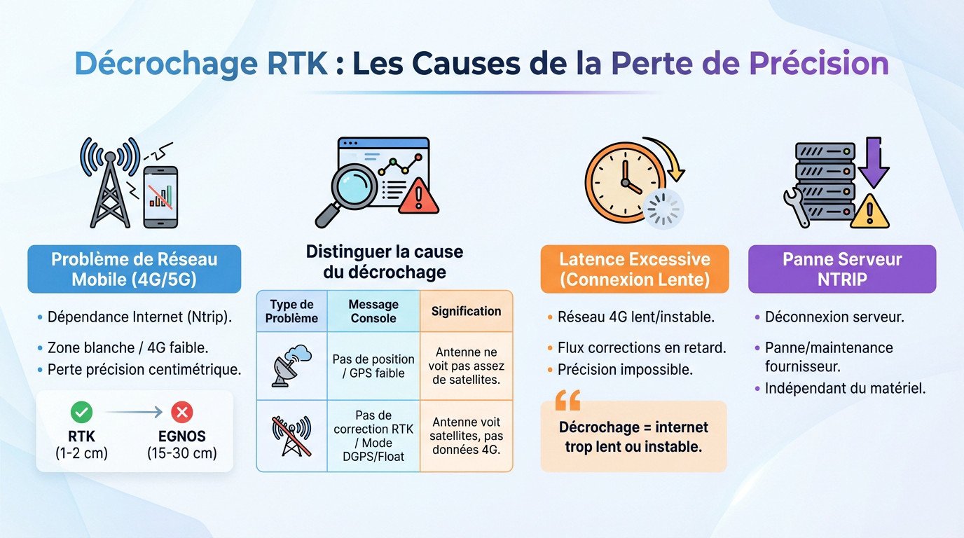 Schéma expliquant les causes de perte de précision RTK agricole : masques et coupures réseau
