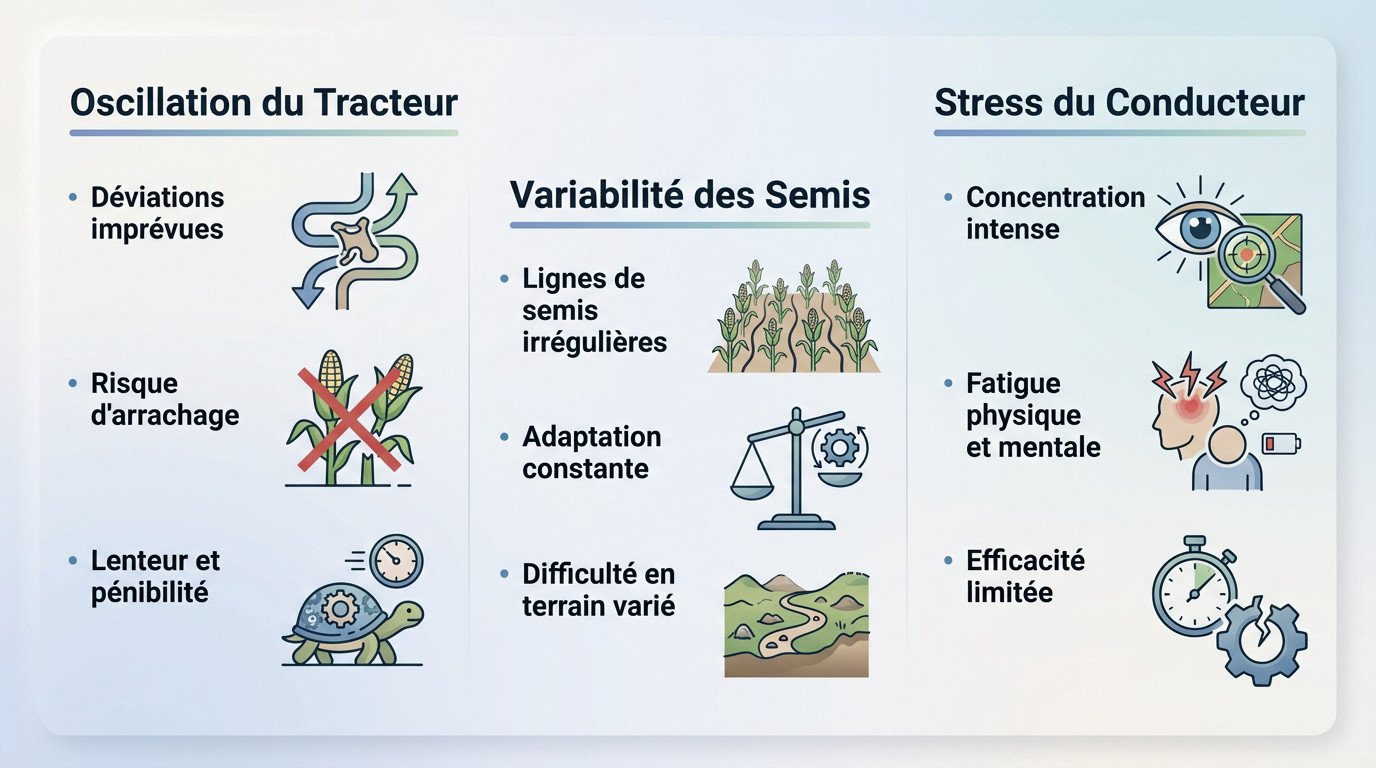 Agriculteur constatant les dégâts sur un rang de maïs après un binage manuel imprécis sans guidage RTK