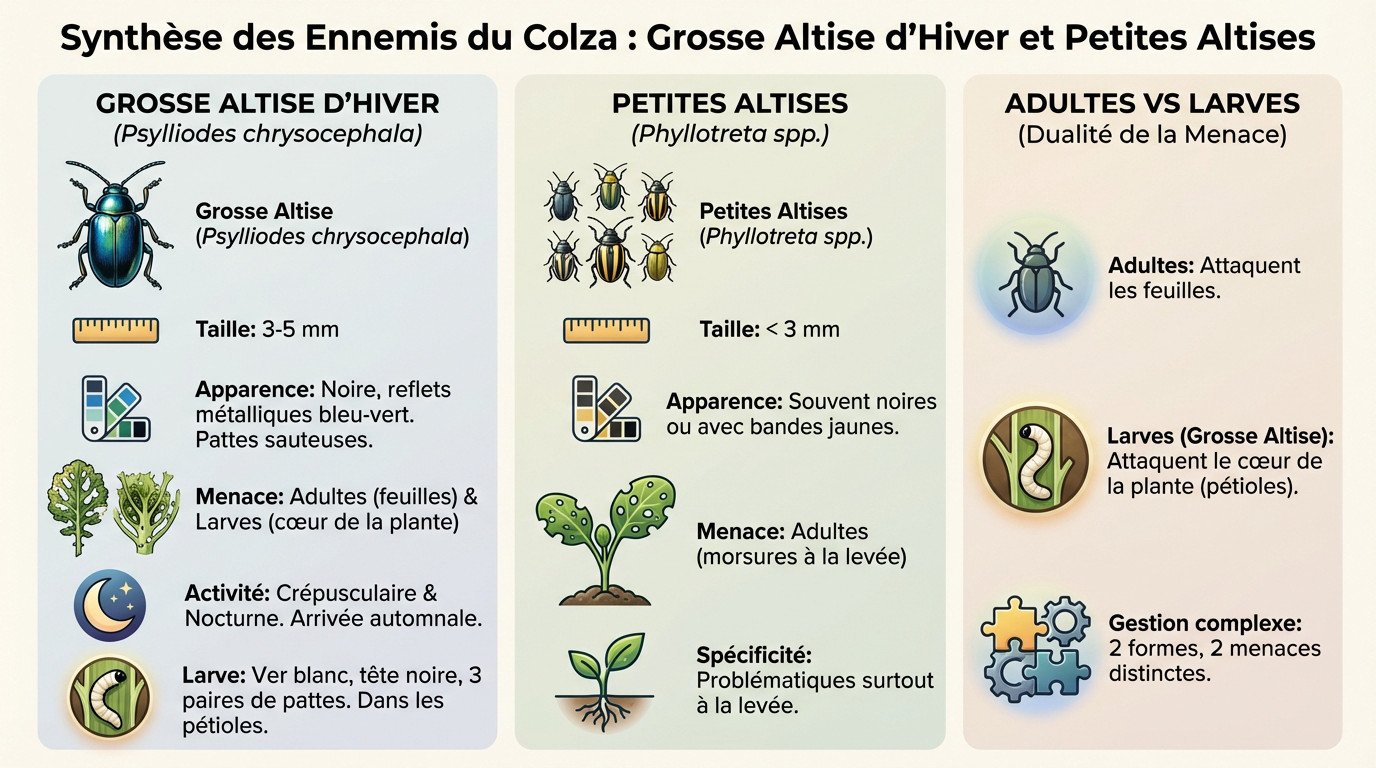 Comparaison visuelle entre la grosse altise d'hiver et les petites altises sur feuille de colza