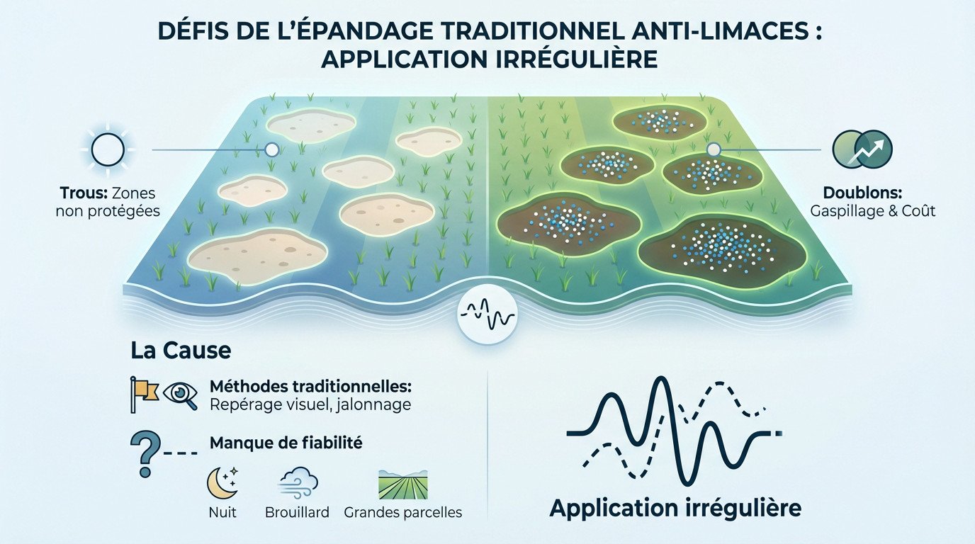 Épandage anti-limaces irrégulier au quad sans guidage GPS
