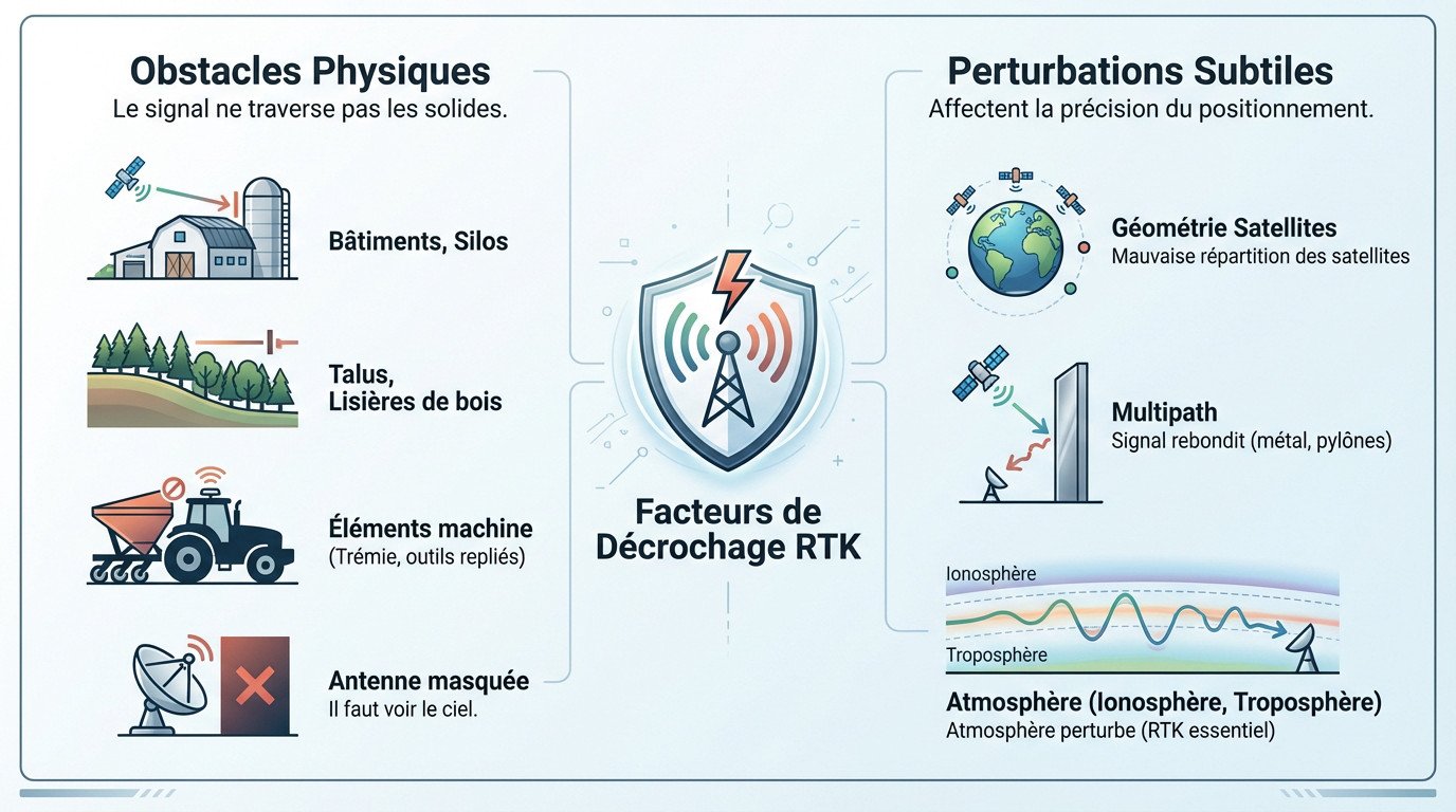 Schéma illustrant les obstacles bloquant le signal GPS agricole : arbres, bâtiments et relief