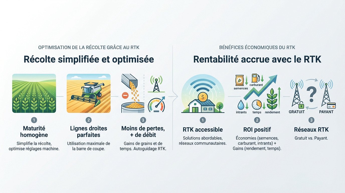 Moissonneuse-batteuse récoltant du maïs avec précision grâce au guidage RTK