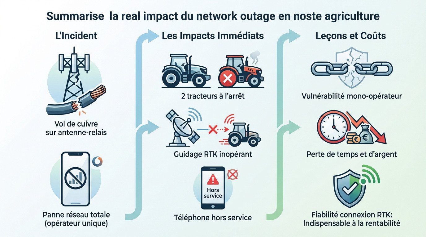 Tracteur à l'arrêt dans un champ suite à une panne de réseau mobile impactant le guidage RTK