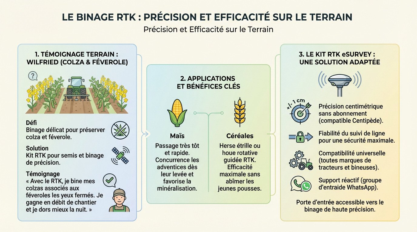 Tracteur agricole réalisant un binage de précision guidé par RTK en plein champ
