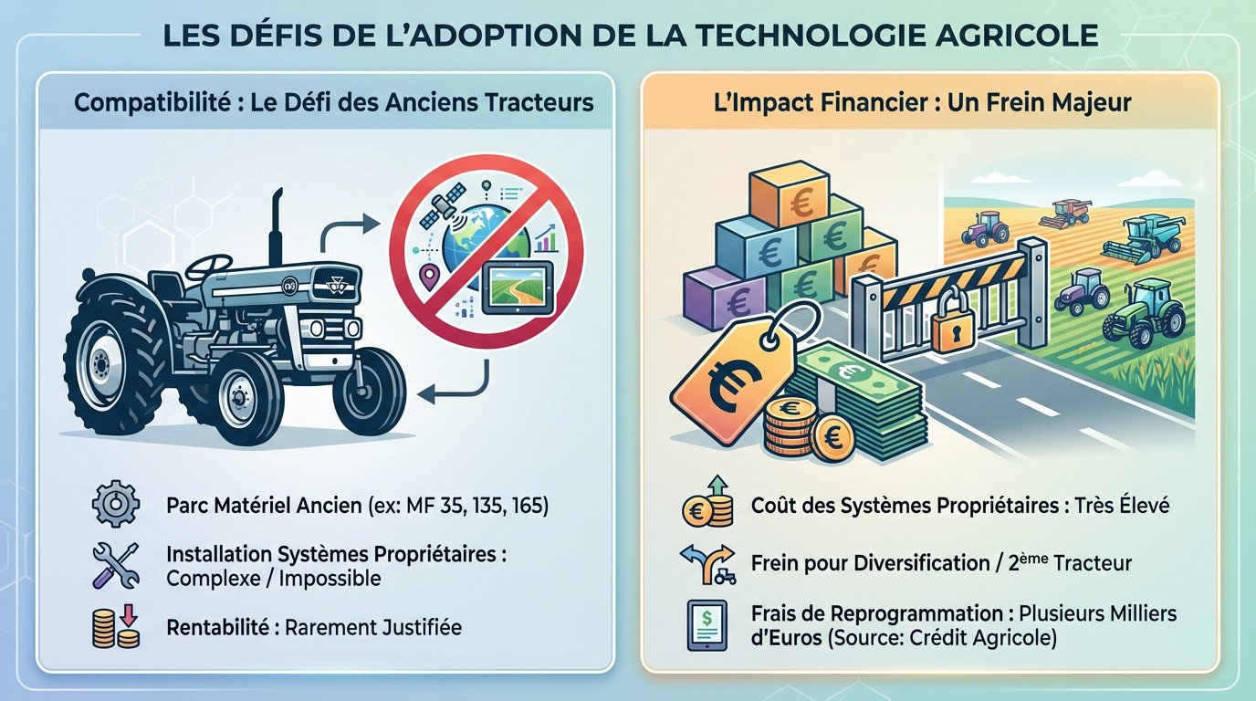 Agriculteur face à un tracteur ancien réfléchissant aux coûts d'installation d'un GPS agricole