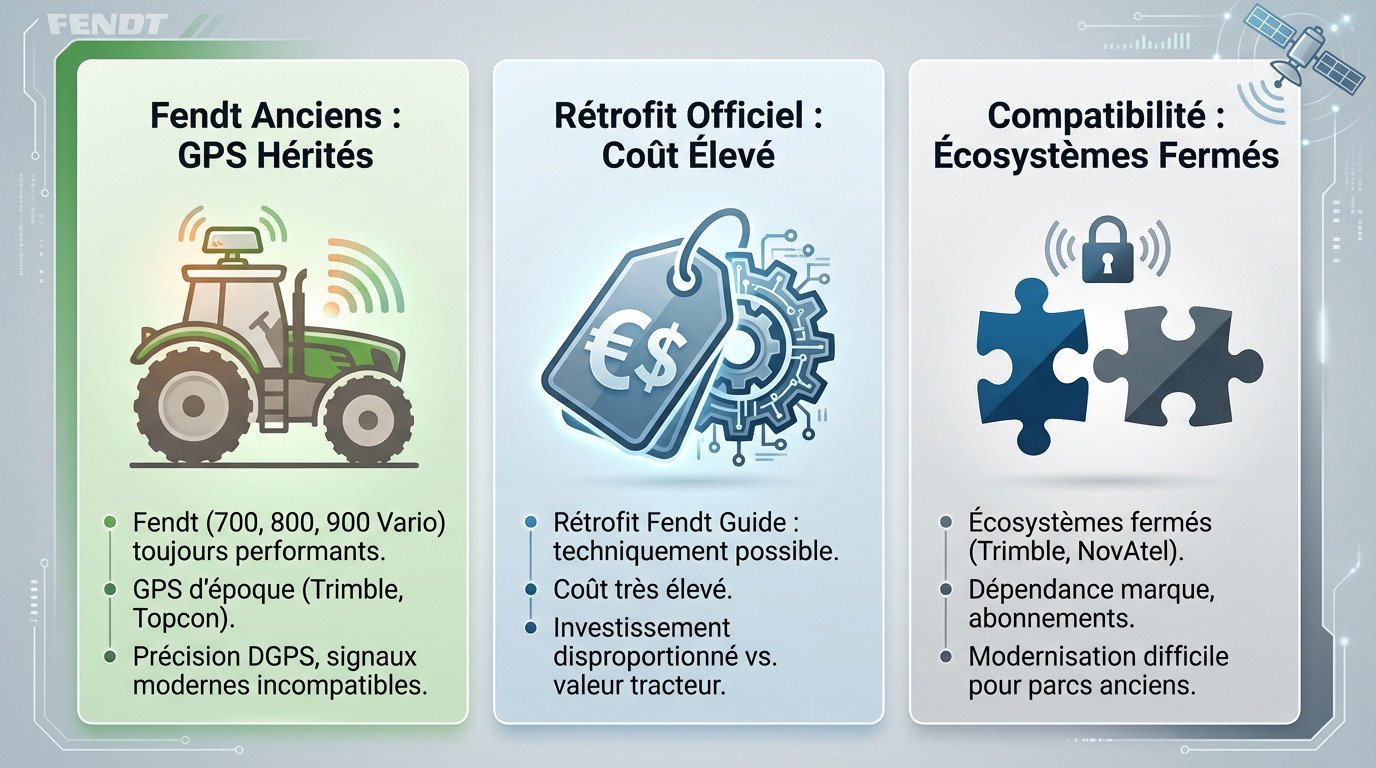 Tracteur Fendt ancien modèle dans un champ nécessitant une mise à jour GPS pour l'agriculture de précision