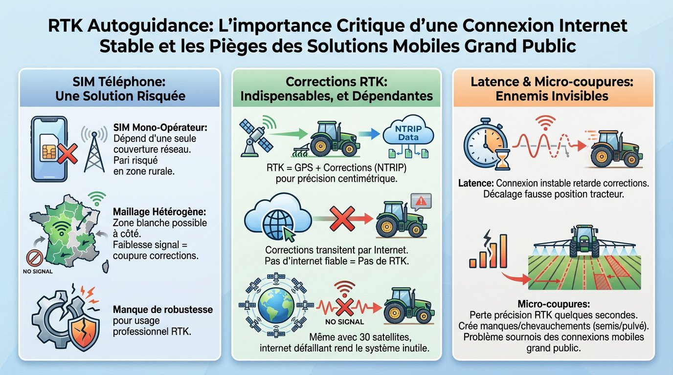 Agriculteur utilisant un autoguidage RTK avec une connexion internet stable en tracteur