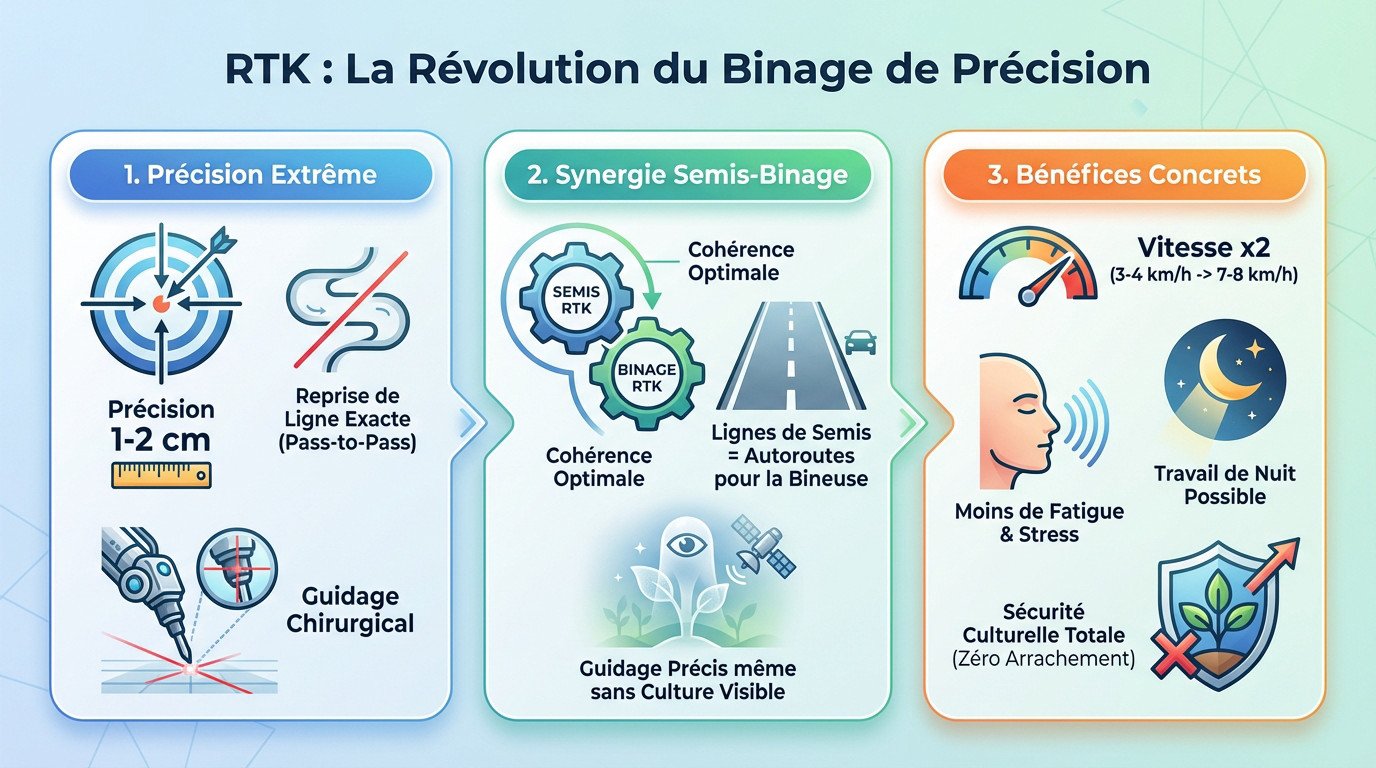 Tracteur équipé d'un système RTK effectuant un binage de précision dans un champ de grandes cultures
