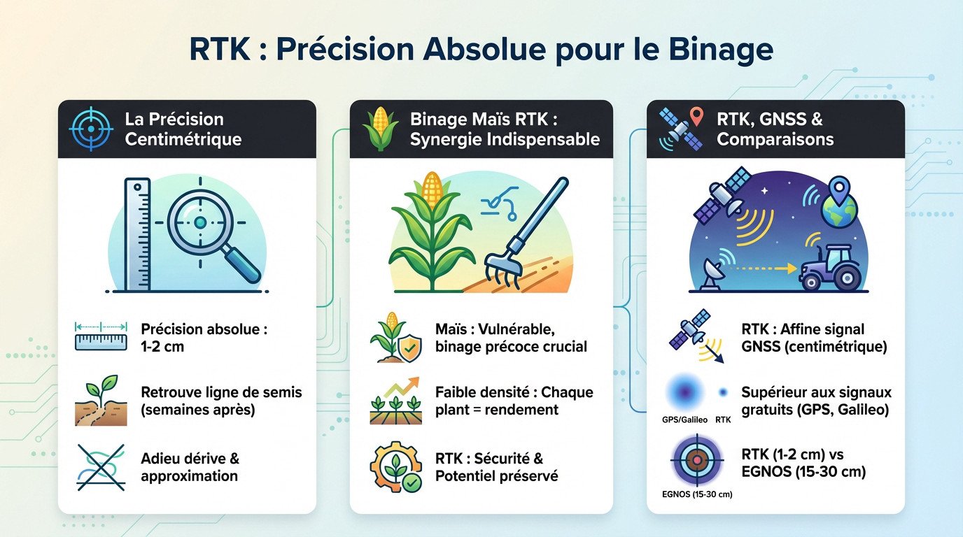 Tracteur équipé d'un kit RTK eSurvey effectuant un binage de précision dans un champ de maïs