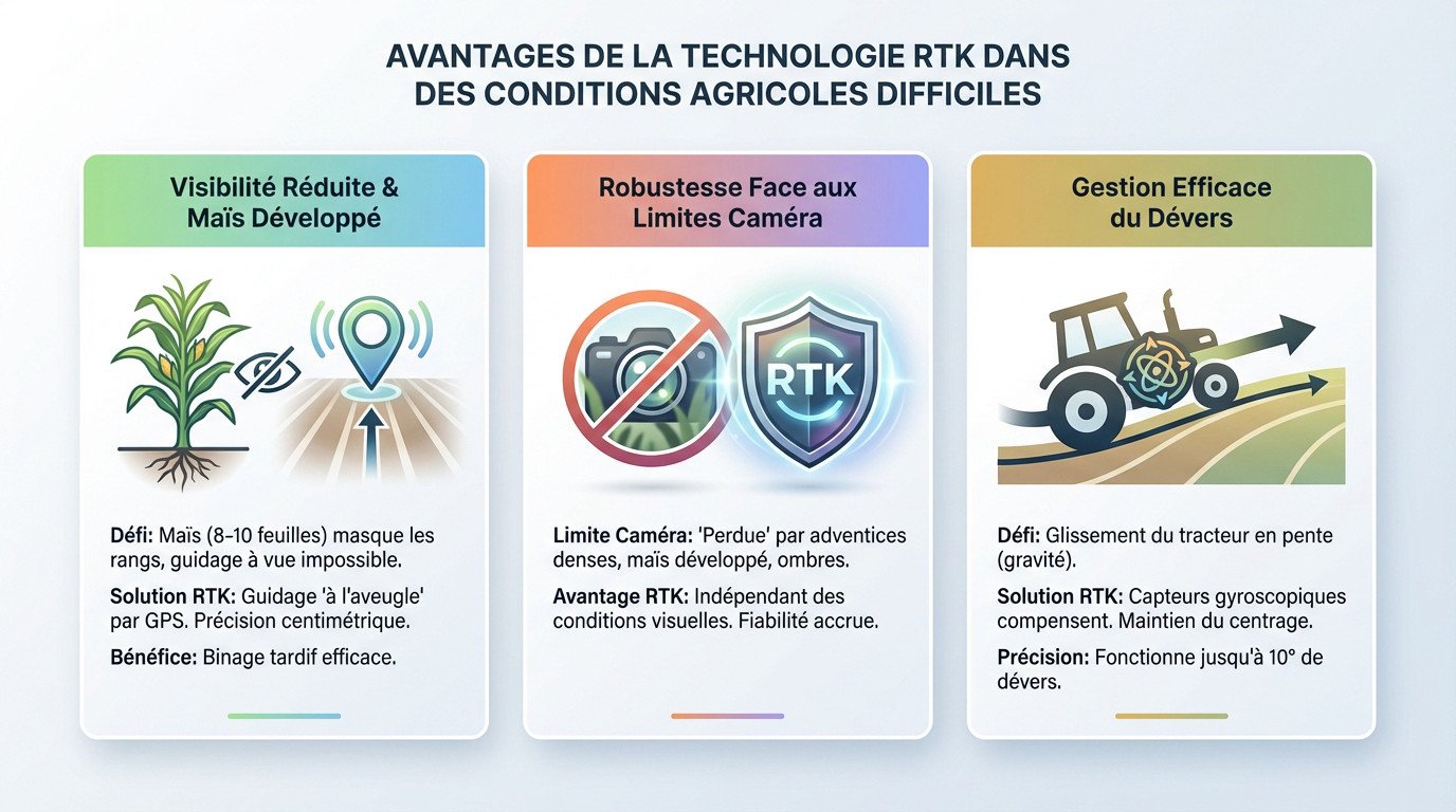 Tracteur équipé d'un guidage RTK effectuant un binage de précision dans un champ de maïs en pente