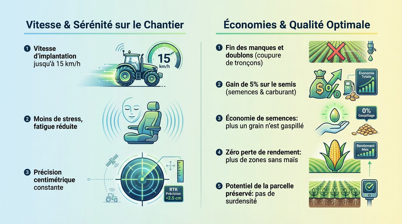 Tracteur semant du maïs à haute vitesse avec autoguidage RTK pour des lignes droites