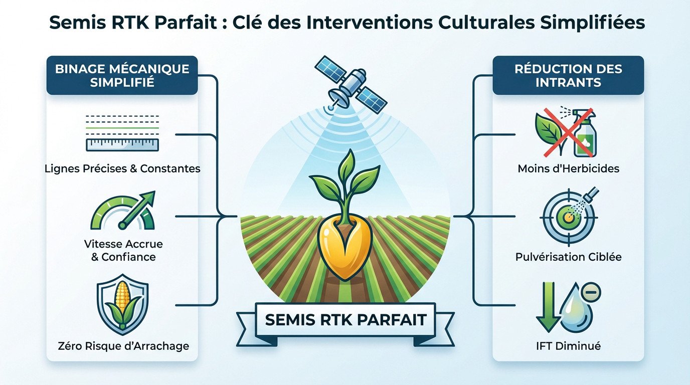 Semis de maïs parfaitement aligné grâce au guidage RTK pour faciliter le binage