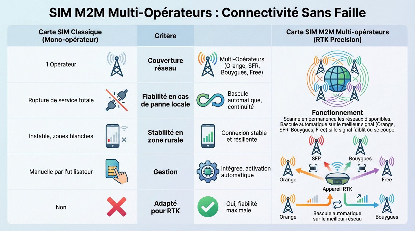 Carte SIM M2M multi-opérateurs assurant une connexion continue pour le guidage agricole