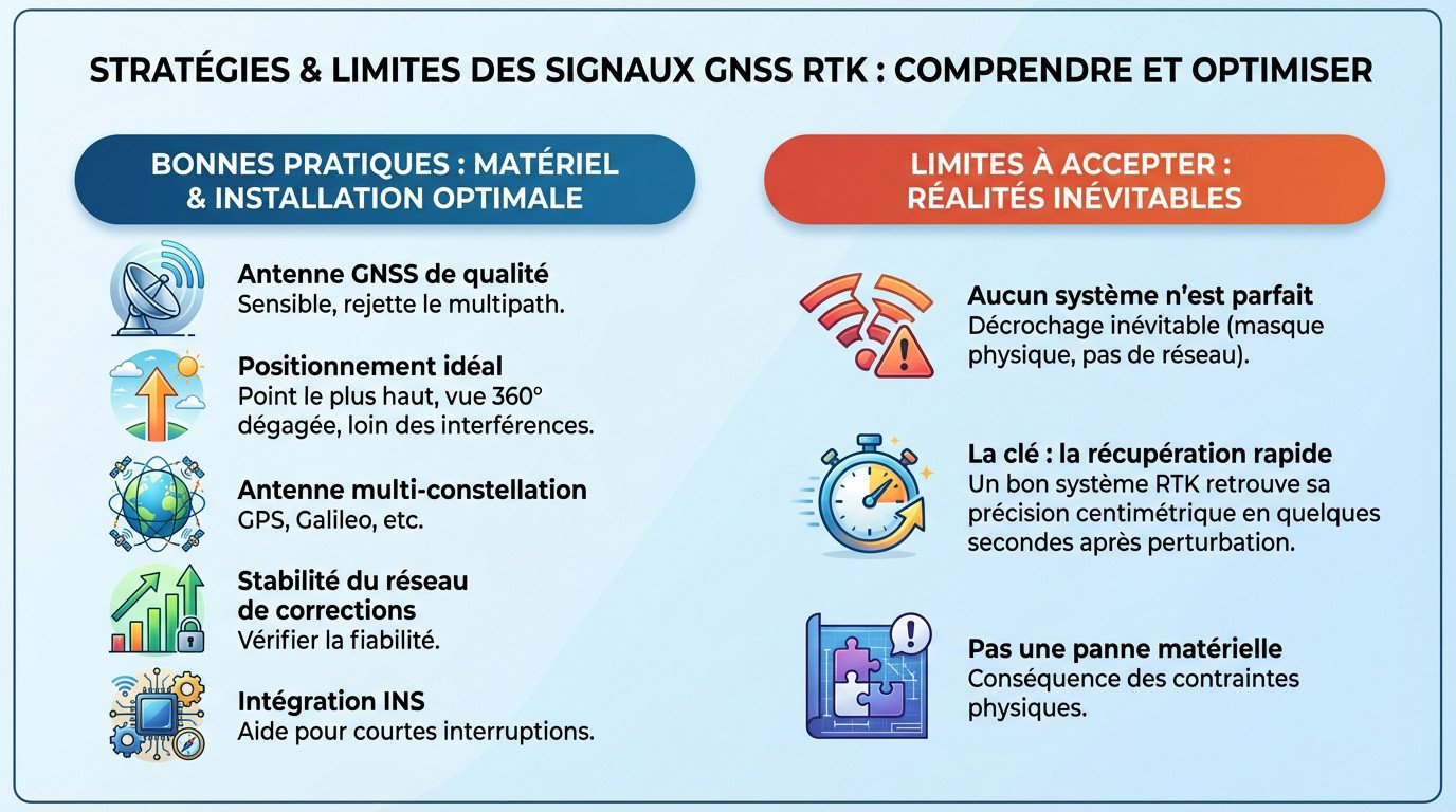 Schéma montrant le positionnement idéal d'une antenne RTK sur un tracteur pour éviter les interférences
