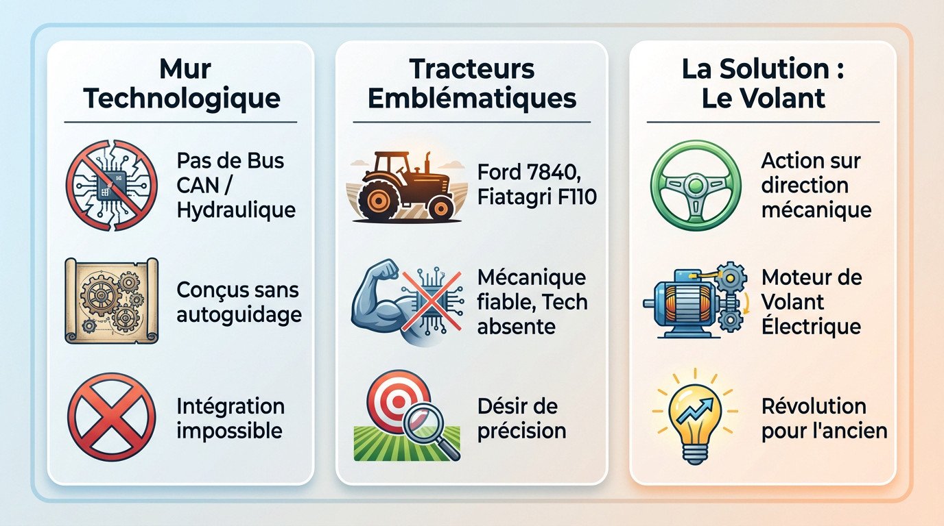 Tracteur ancien New Holland équipé d'un système d'autoguidage moderne au champ