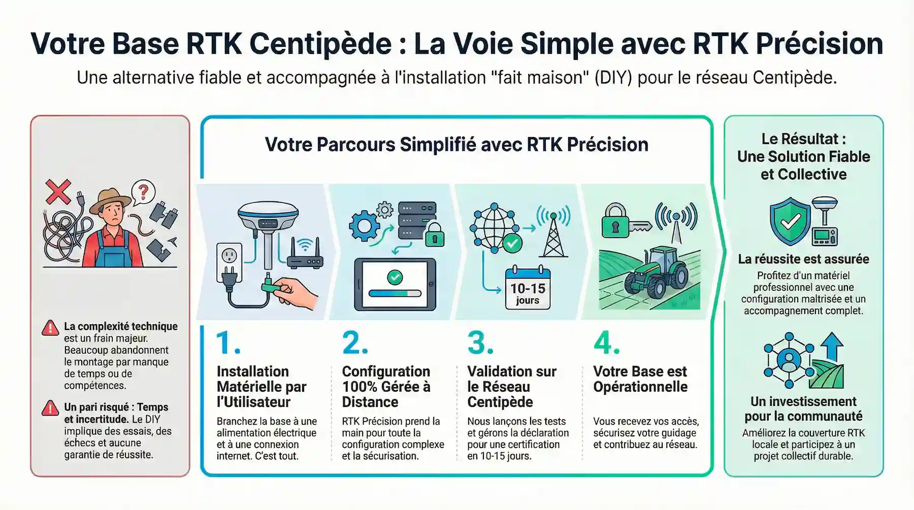 Schéma : déployer une base RTK Centipède avec RTK Précision (installation, configuration à distance, validation, base opérationnelle)