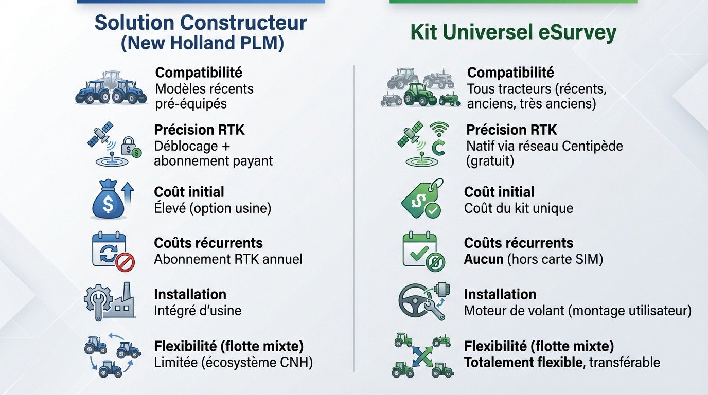Comparaison visuelle entre une solution d'autoguidage constructeur New Holland et le kit universel eSurvey sans abonnement