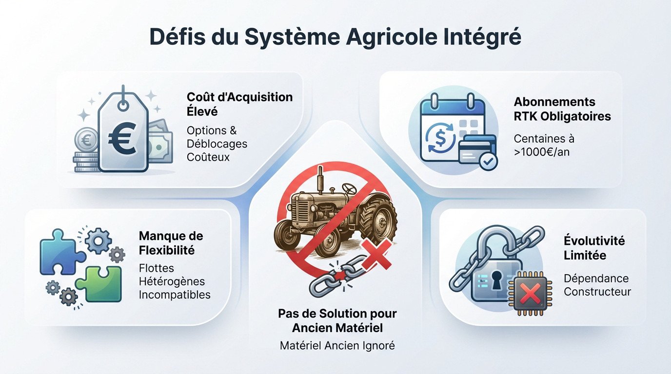 Schéma illustrant les défis de compatibilité et de coûts des systèmes de guidage intégrés