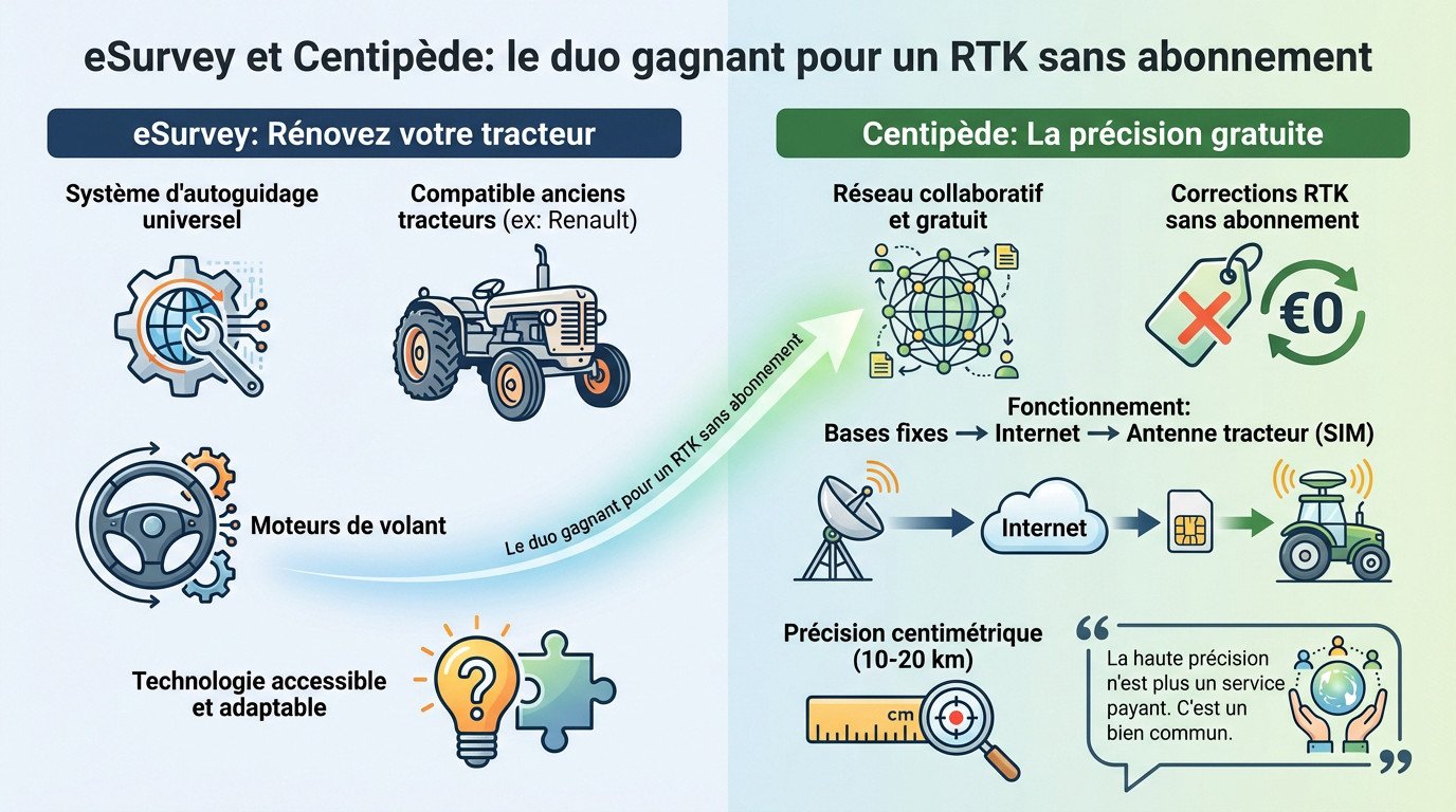 Tracteur Renault équipé d'un système RTK eSurvey et antenne Centipède sur le toit