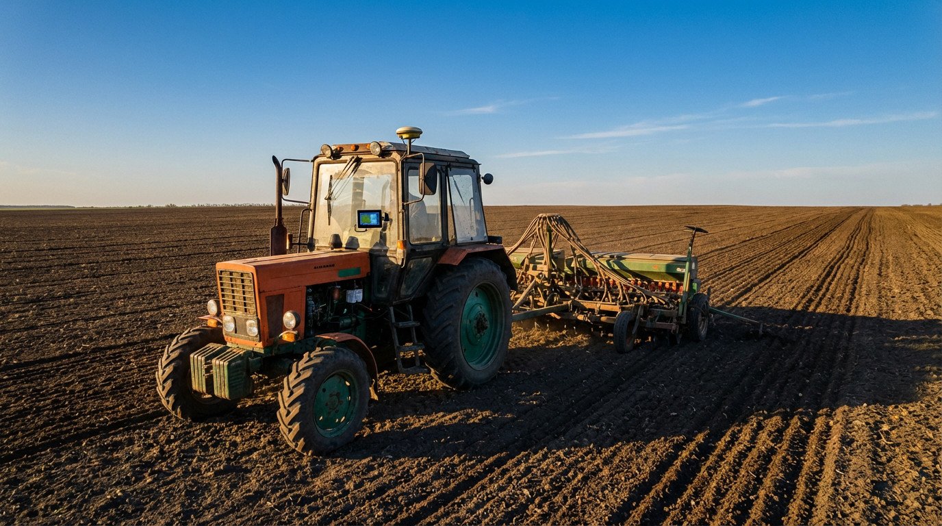 Robust tractor with RTK GPS and cabin display, seeding precisely in a vast, sunlit field during late afternoon, long shadows.