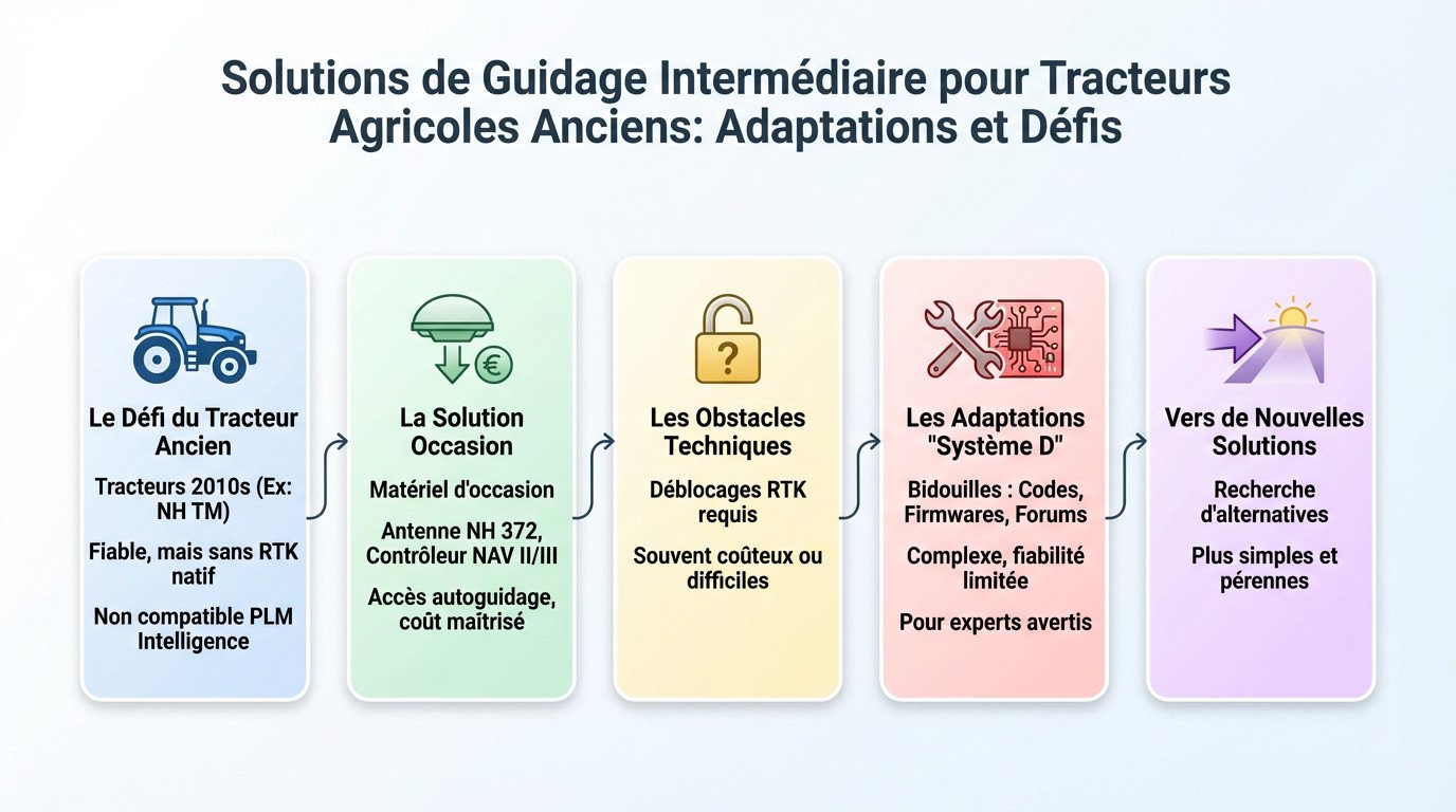 Tracteur New Holland ancien équipé d'un système de guidage adapté dans un champ