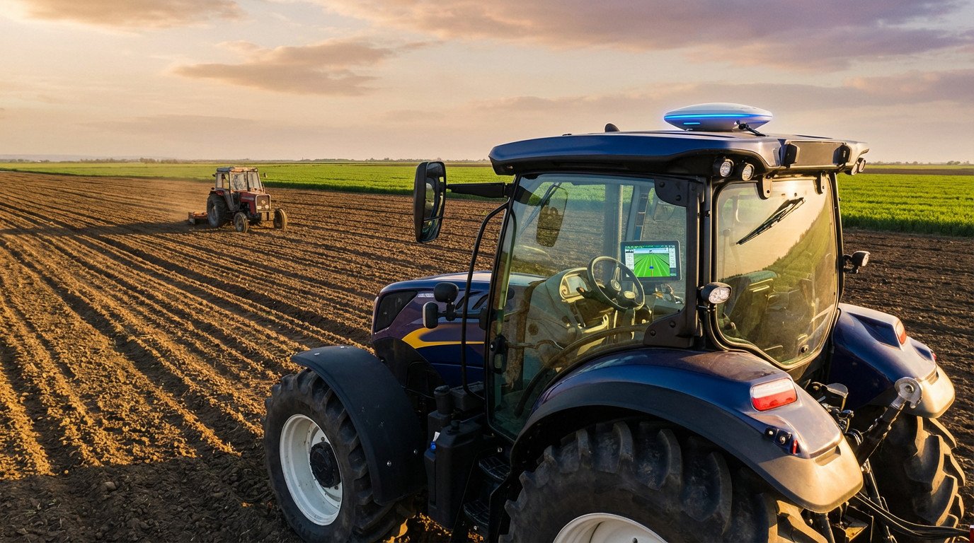 Modern tractor with autosteering display and glowing GNSS antenna in a tilled field at golden hour. Older tractor in background.