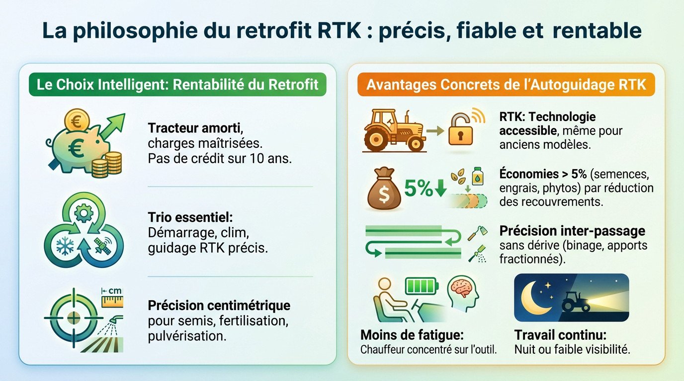 Tracteur Renault Agriculture ancien équipé d'un système d'autoguidage RTK au travail dans un champ