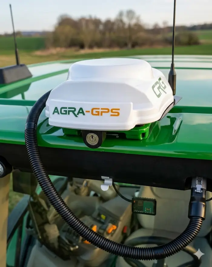 Tracteur John Deere équipé de l'antenne RTK alternative agraGPS au travail