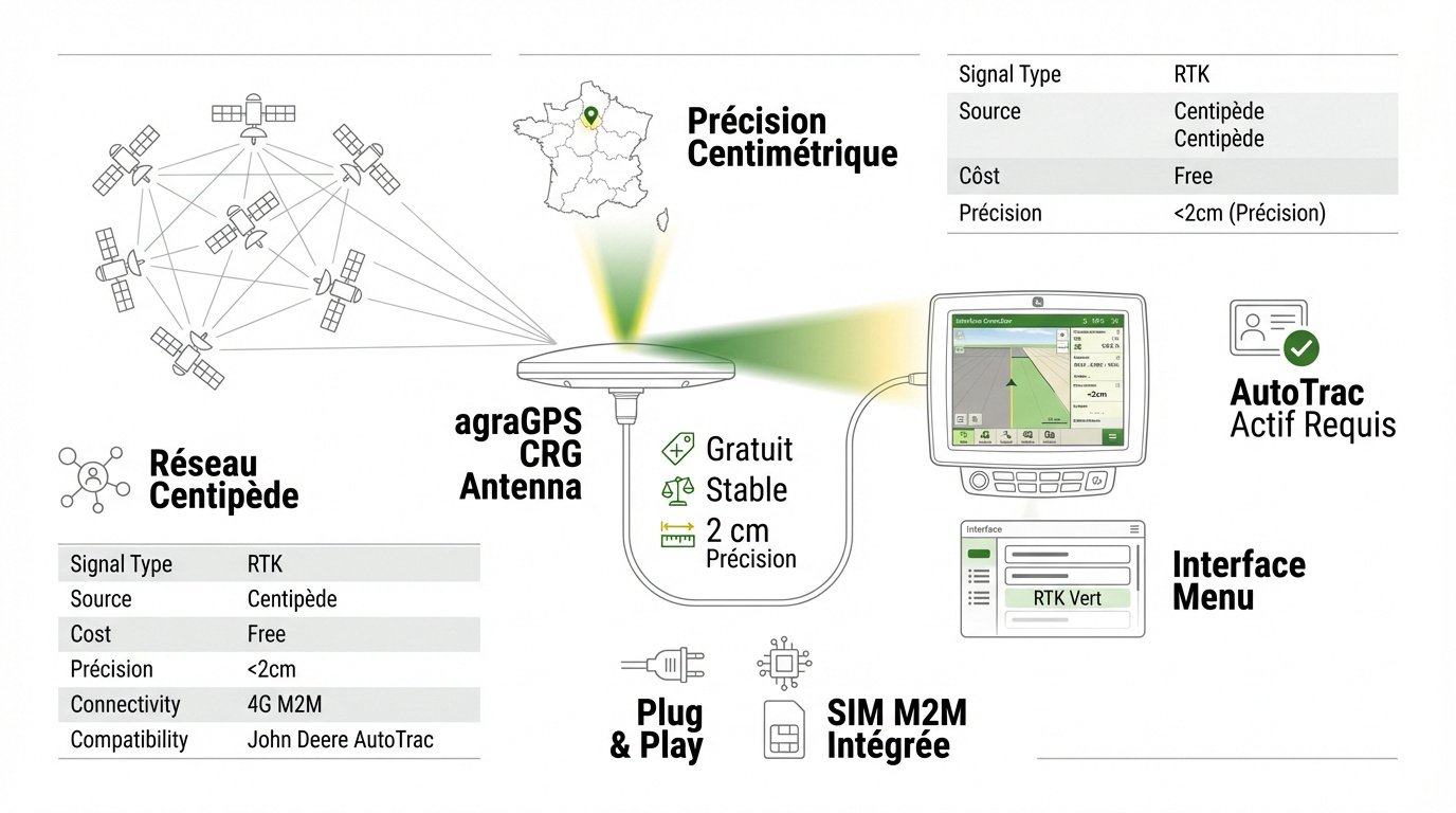 Antenne CRG agraGPS installée sur un tracteur John Deere utilisant le réseau RTK Centipède