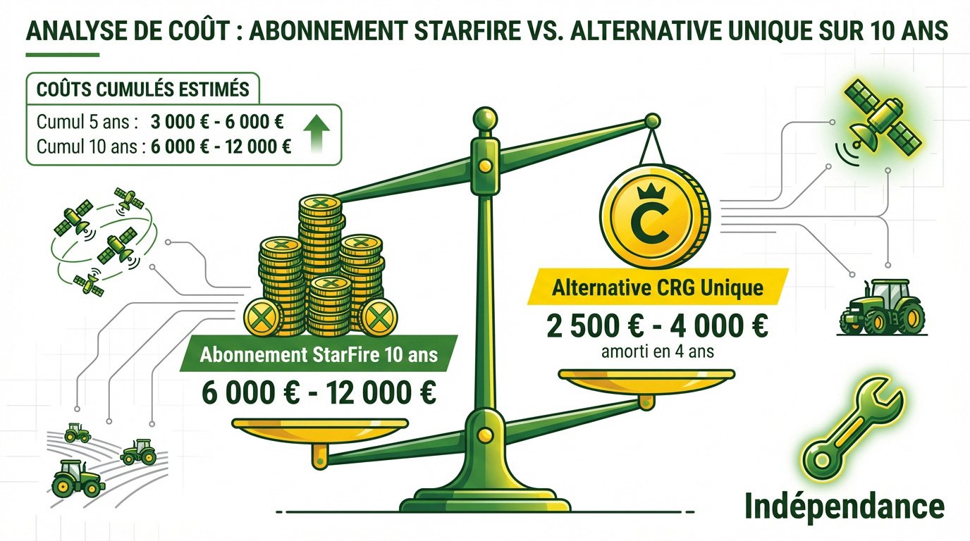 Graphique comparatif des coûts sur 10 ans entre abonnement StarFire et antenne CRG sans abonnement