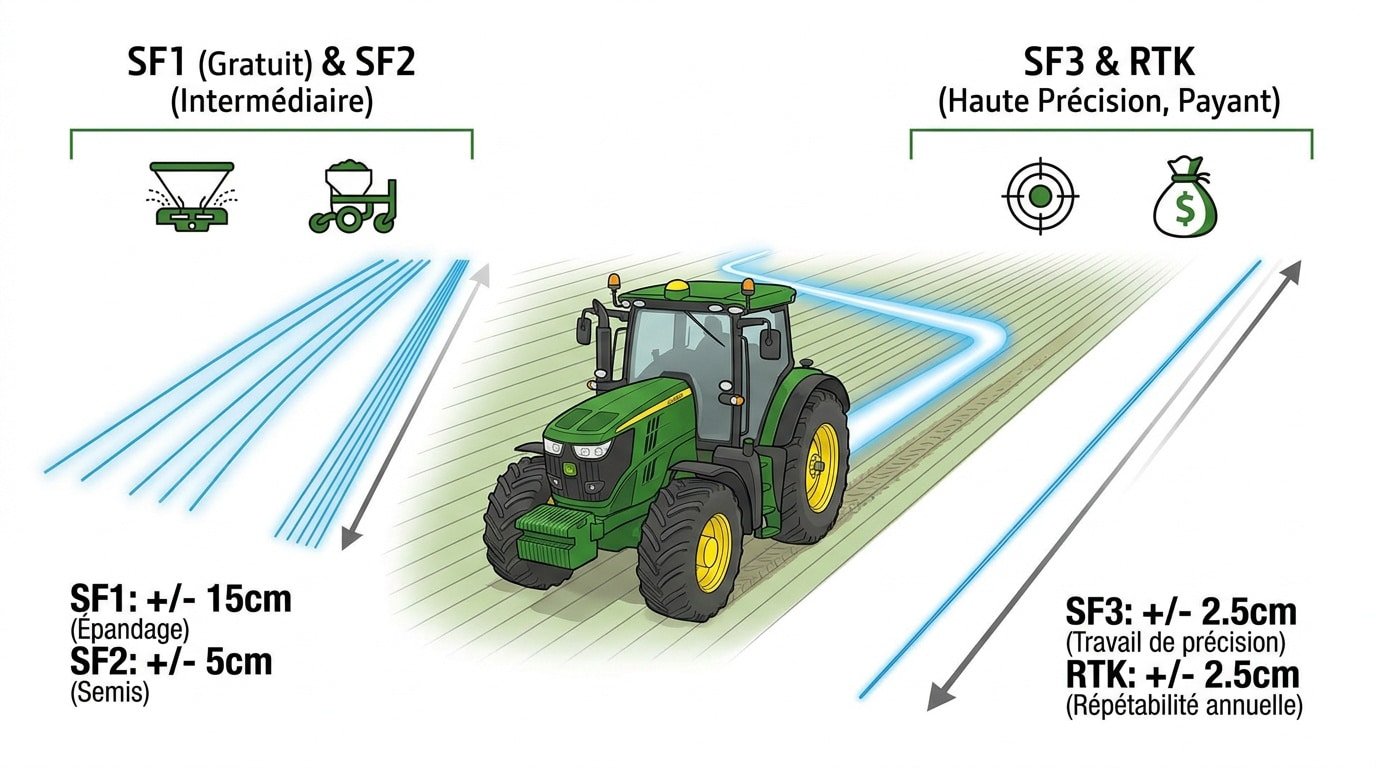 Comparaison de précision des signaux John Deere SF1 SF2 SF3 et RTK
