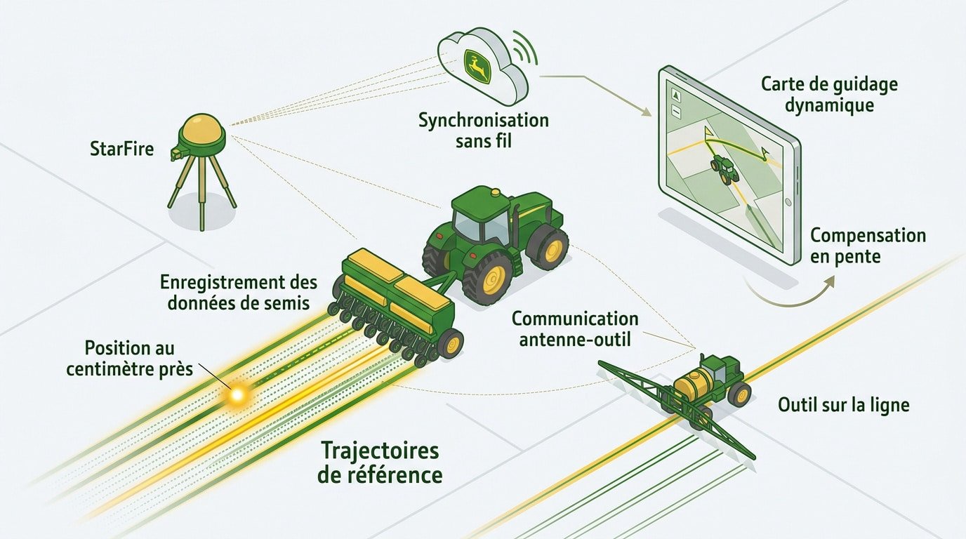 Schéma illustrant le fonctionnement du guidage AutoPath de John Deere et la technologie RTK pour l'agriculture de précision.
