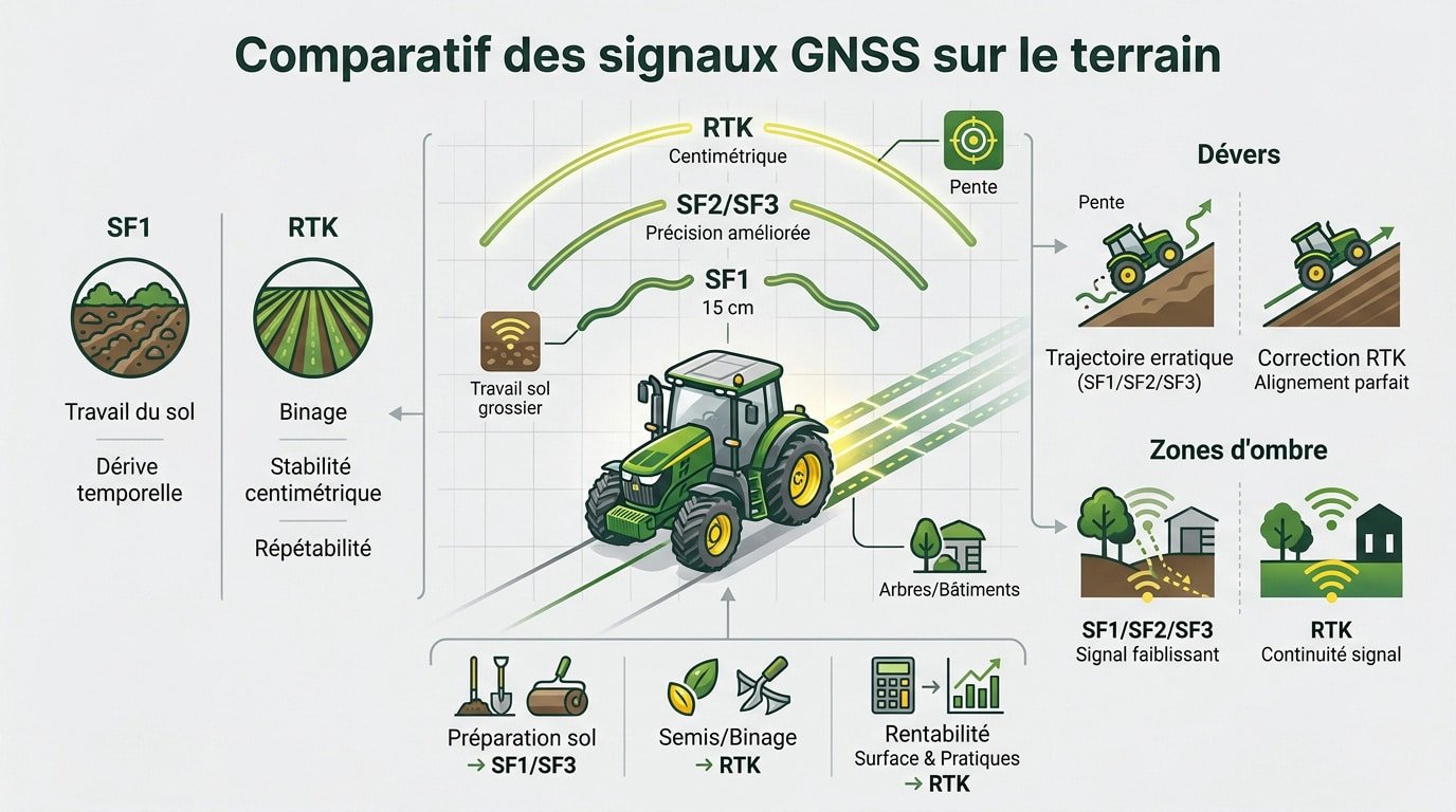 Comparatif visuel des signaux John Deere SF1 SF2 SF3 et RTK pour guidage agricole